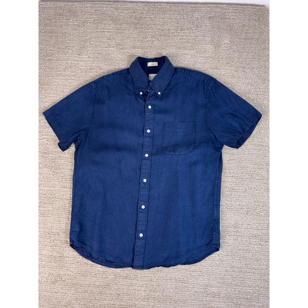 J.Crew Mens Slim Irish Linen Short Sleeve Button Down Shirt Navy Blue Medium
